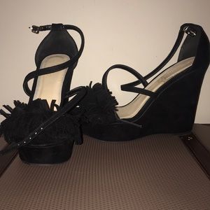 Black Fringed-Toe High Heel Wedges